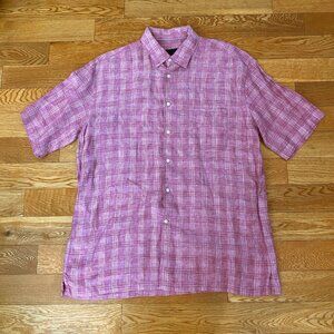JoS A Bank Reserve Shirt Mens L Pink Plaid 100% Linen Button Up Short Sleeve